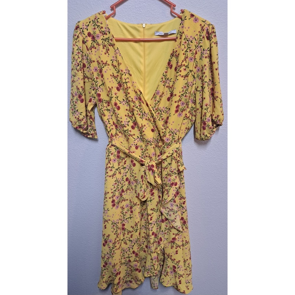 Julia Jordan Yellow Floral Wrap Dress Size 14 V-Neck Belted Flowy